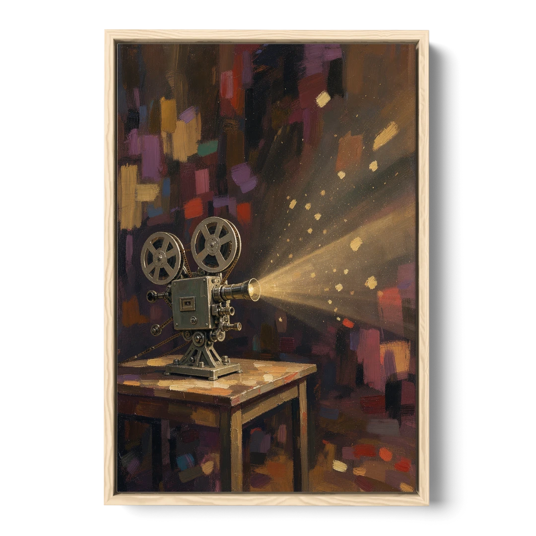 Home Theater Decor Golden Projector Beam - Oak Framed Canvas Wall Art - Front