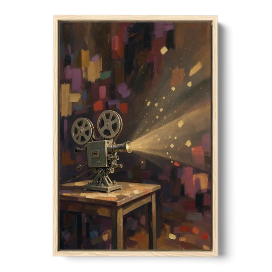 Home Theater Decor Golden Projector Beam - Oak Framed Canvas Wall Art - Front