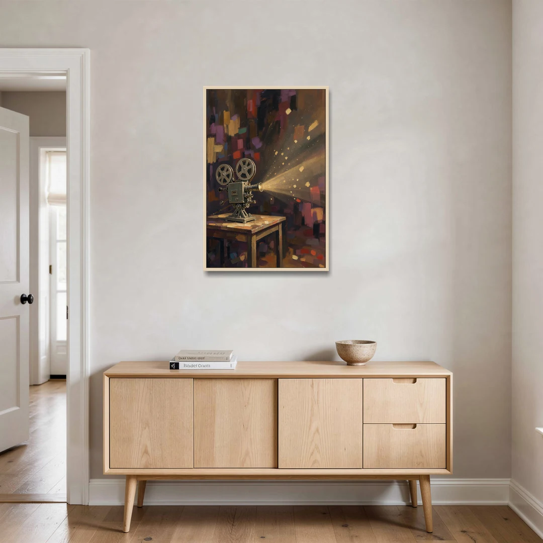Home Theater Decor Golden Projector Beam - Oak Framed Canvas Wall Art - Coffee Table - 24x36