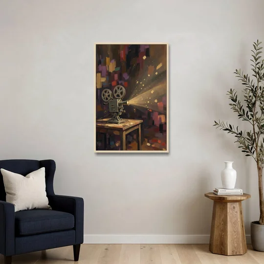 Home Theater Decor Golden Projector Beam - Oak Framed Canvas Wall Art - Sofa - 24x36