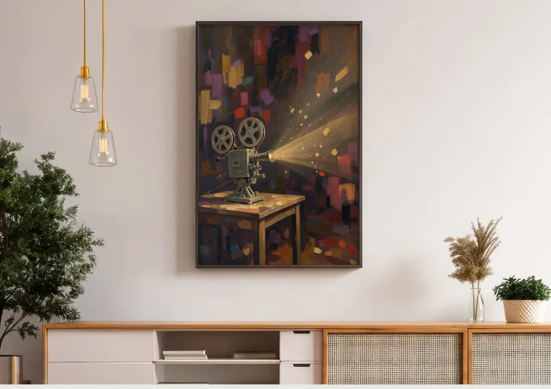 Home Theater Decor Golden Projector Beam canvas wall art above a wooden sideboard under pendant lights