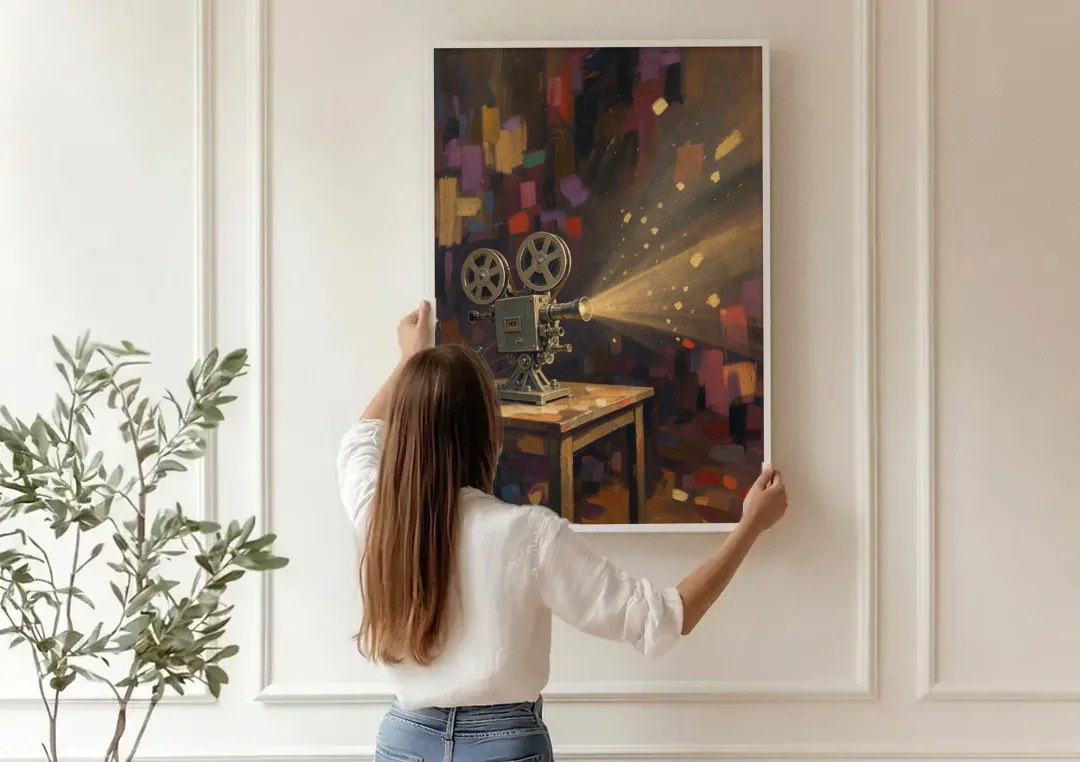 Home Theater Decor Golden Projector Beam canvas wall art being hung on a paneled wall