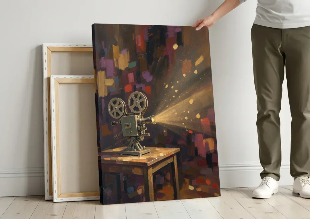 Home Theater Decor Golden Projector Beam canvas wall art leaning against a wall next to blank canvases