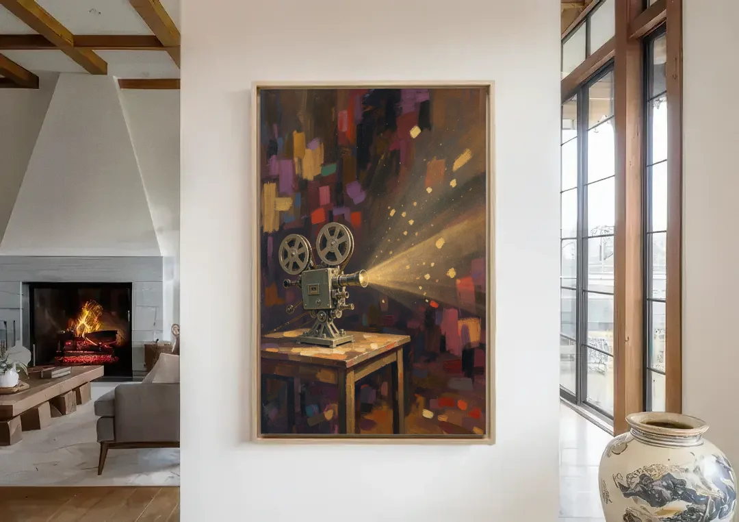 Home Theater Decor Golden Projector Beam canvas wall art in a living room with a fireplace