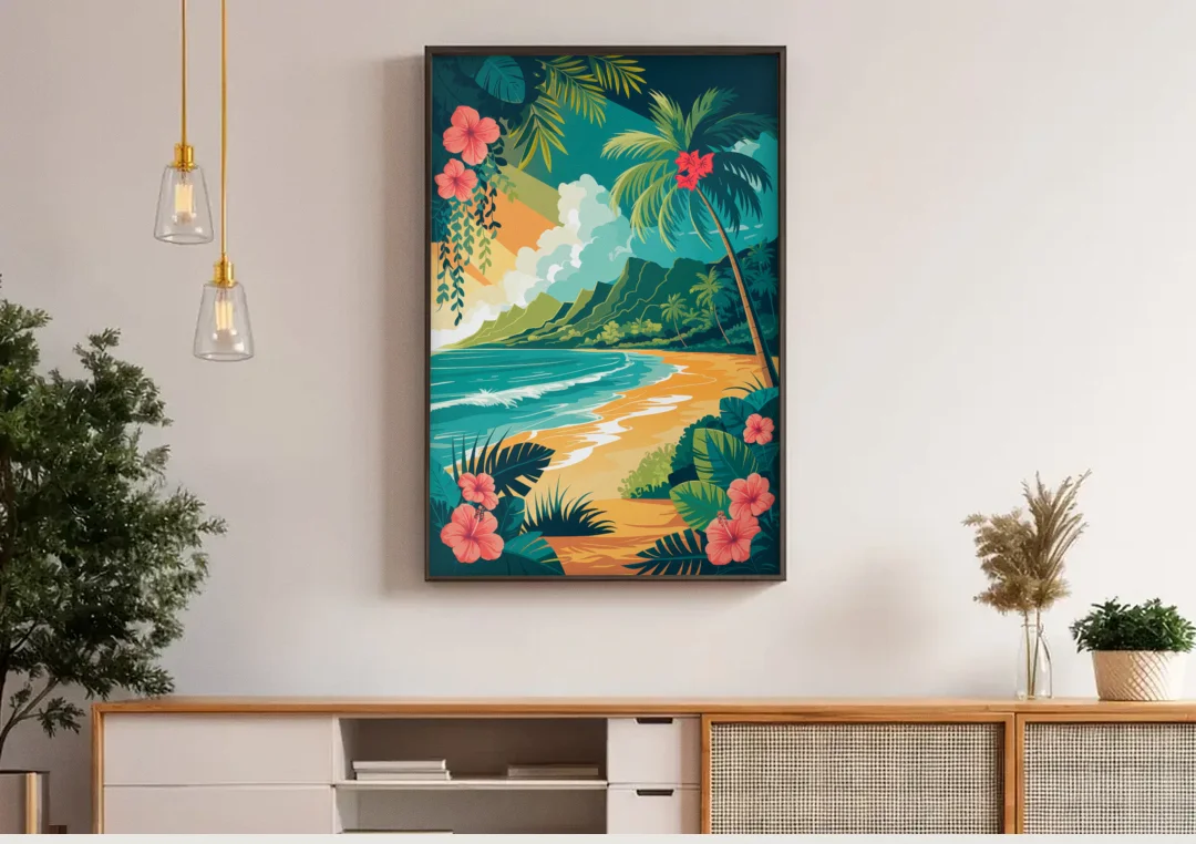 Honolulu Aloha Spirit canvas wall art above a wooden sideboard under pendant lights
