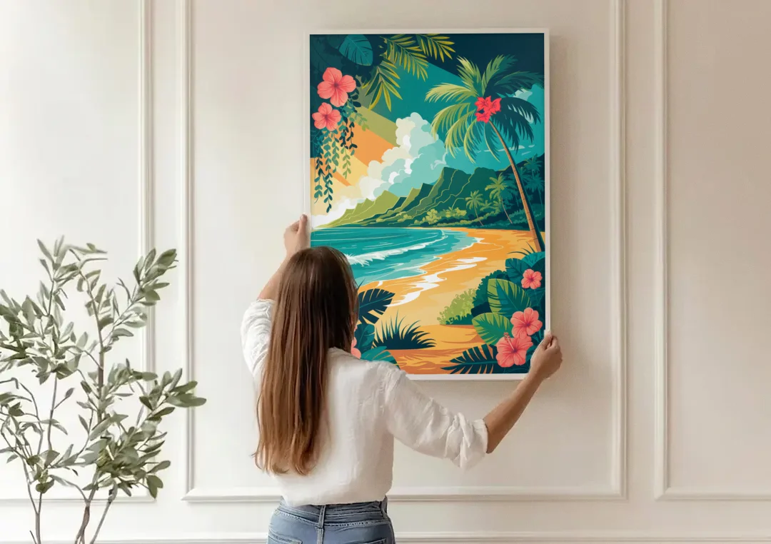 Honolulu Aloha Spirit canvas wall art being hung on a paneled wall
