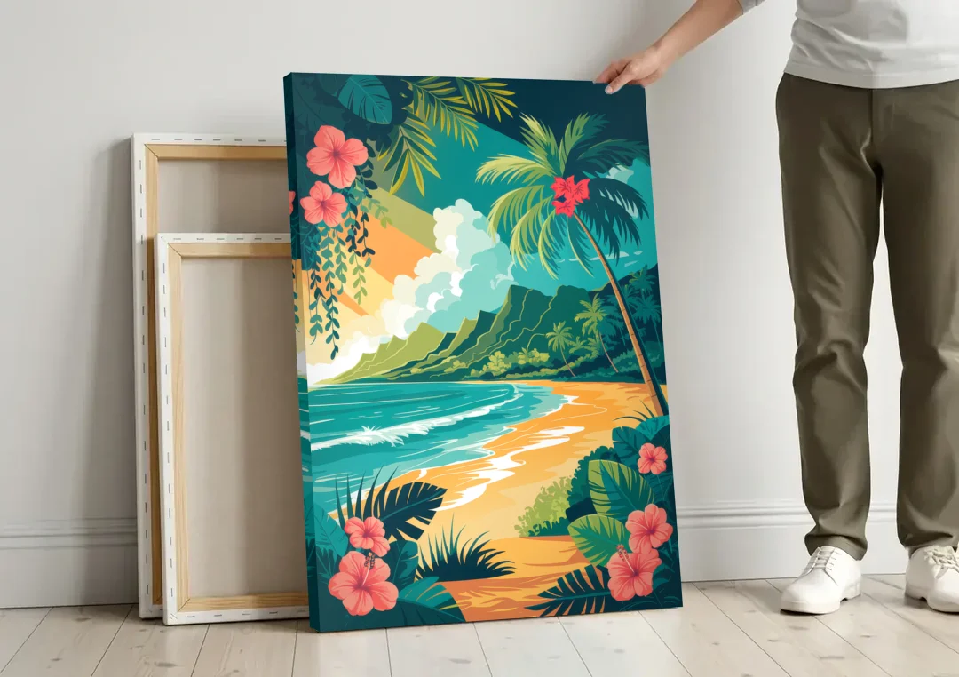 Honolulu Aloha Spirit canvas wall art leaning against a wall next to blank canvases