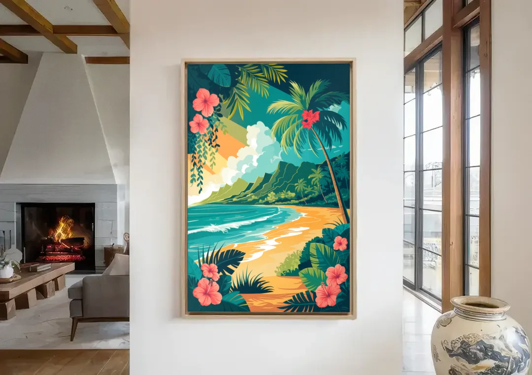 Honolulu Aloha Spirit canvas wall art in a living room with a fireplace