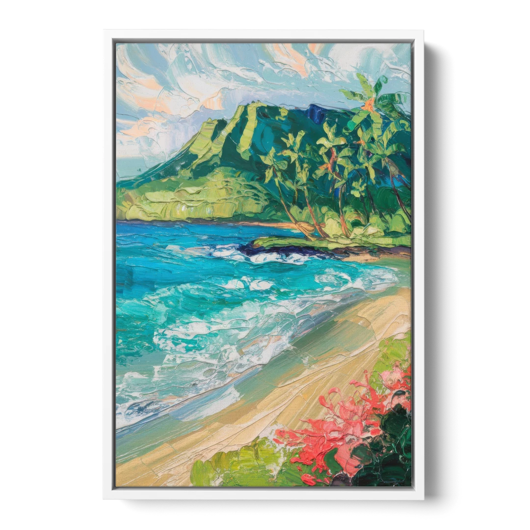 Honolulu Diamond Head View - White Framed Canvas Wall Art - Front