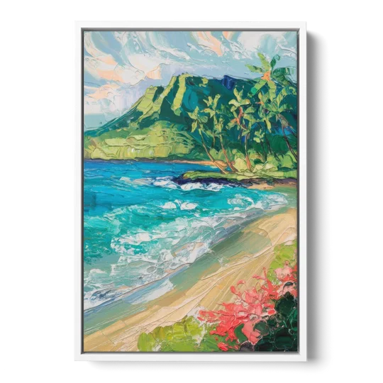 Honolulu Diamond Head View - White Framed Canvas Wall Art - Front