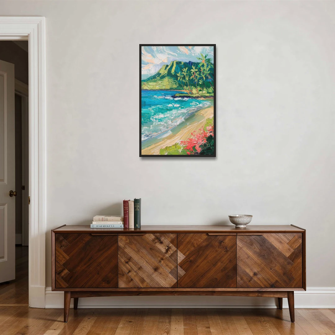 Honolulu Diamond Head View - Black Framed Canvas Wall Art - Coffee Table - 24x36