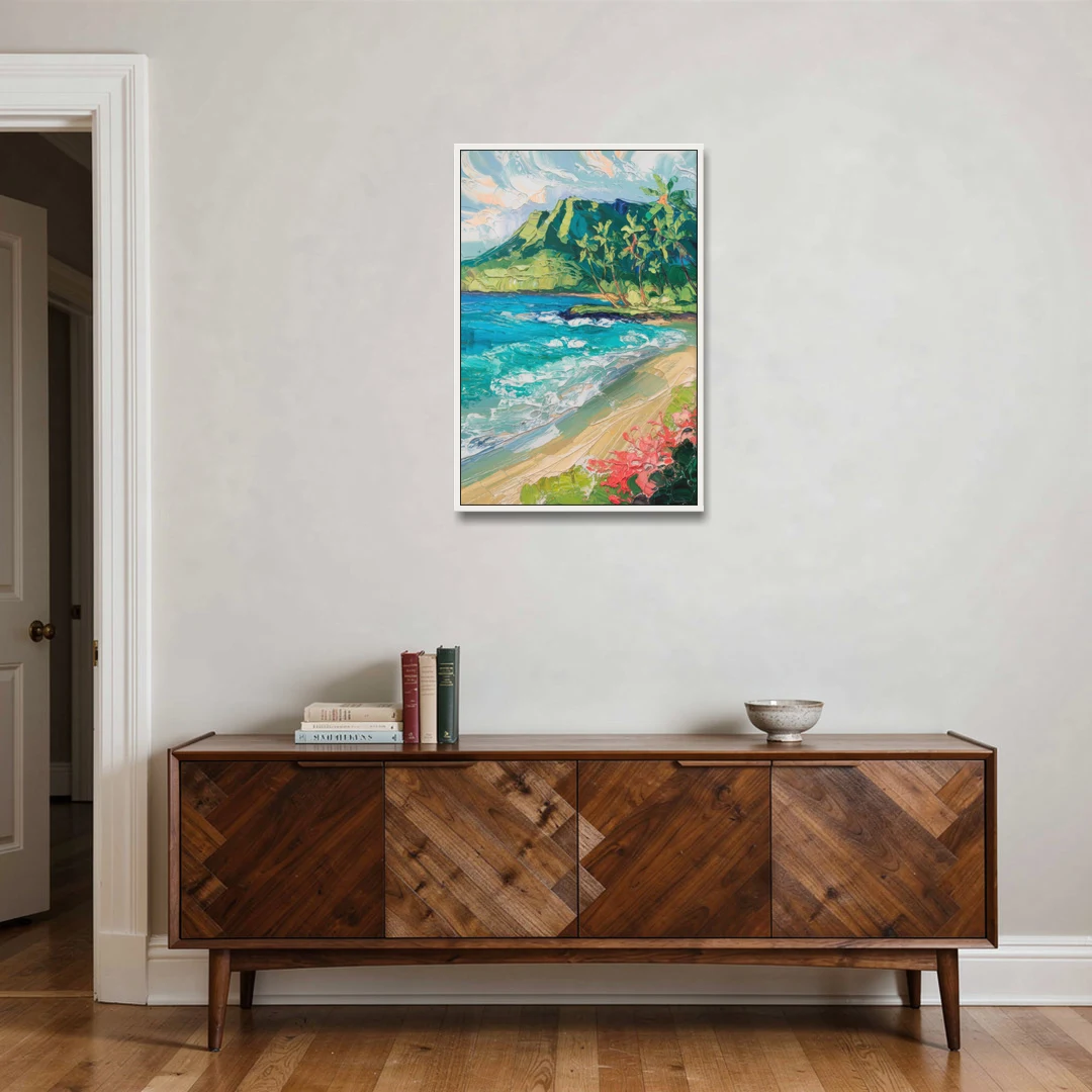 Honolulu Diamond Head View - White Framed Canvas Wall Art - Coffee Table - 24x36