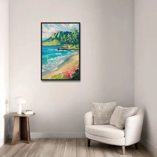 Honolulu Diamond Head View - Black Framed Canvas Wall Art - Sofa - 24x36