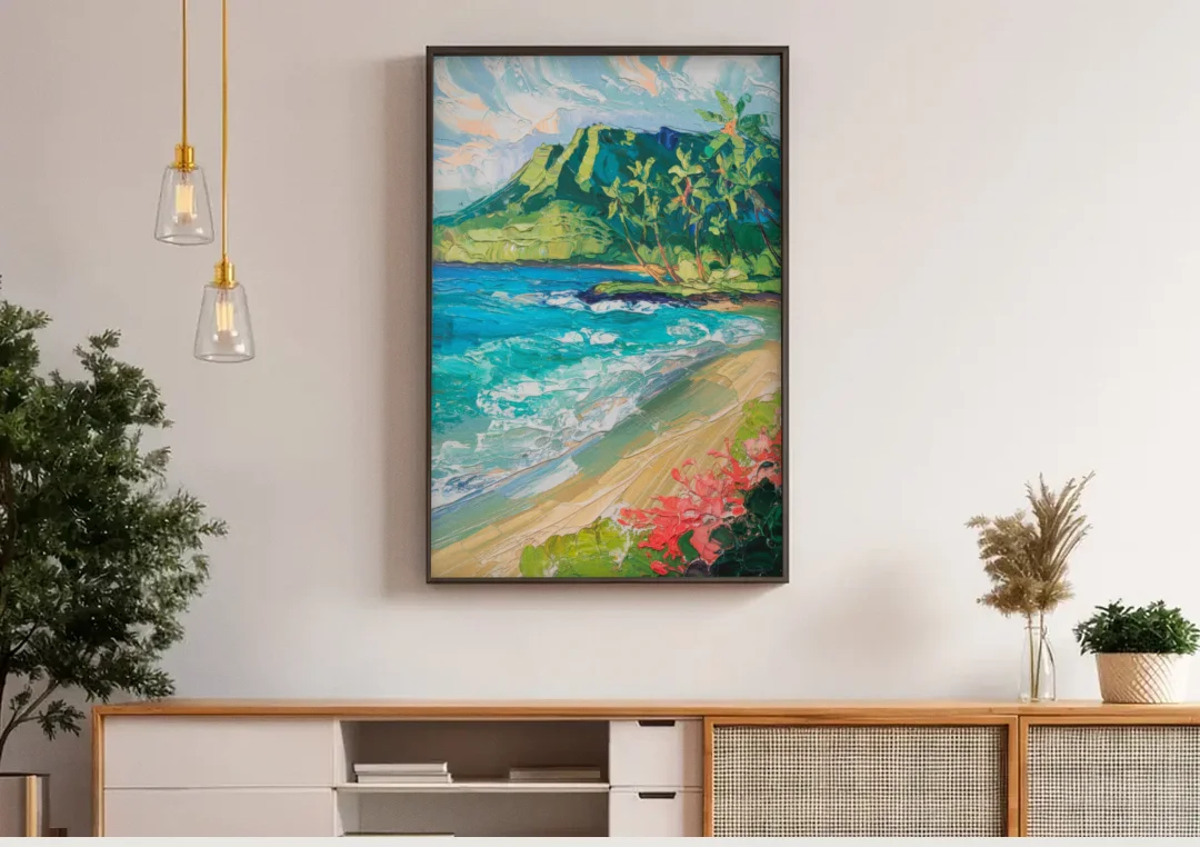 Honolulu Diamond Head View canvas wall art above a wooden sideboard under pendant lights