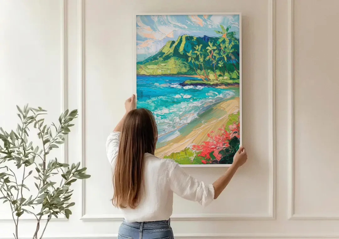 Honolulu Diamond Head View canvas wall art being hung on a paneled wall