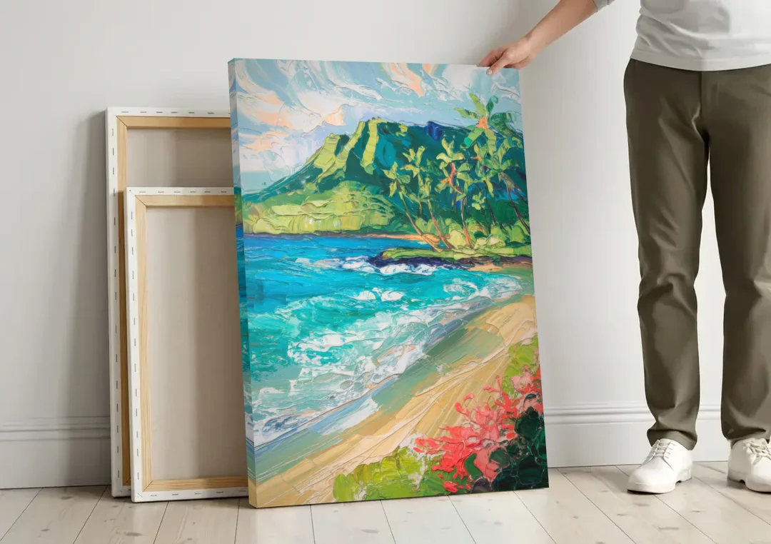 Honolulu Diamond Head View canvas wall art leaning against a wall next to blank canvases