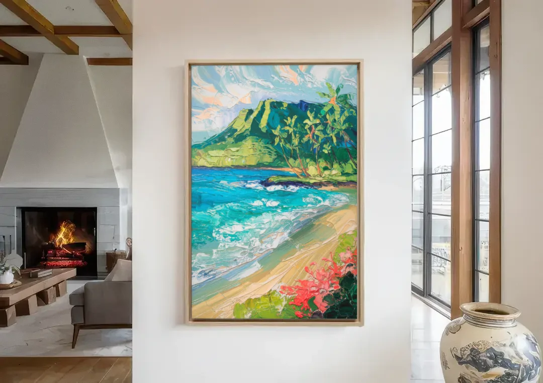 Honolulu Diamond Head View canvas wall art in a living room with a fireplace