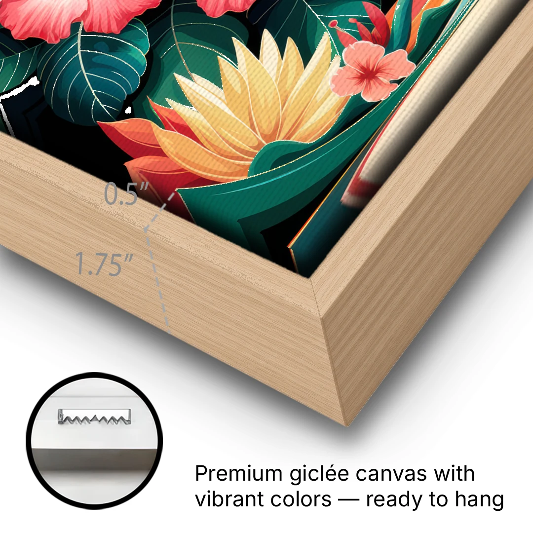 Honolulu Hawaiian Floral Design - Oak Framed Canvas Wall Art - Gallery Wrap Corner