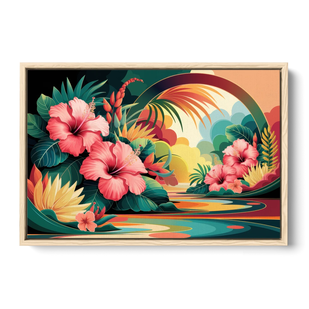 Honolulu Hawaiian Floral Design - Oak Framed Canvas Wall Art - Front