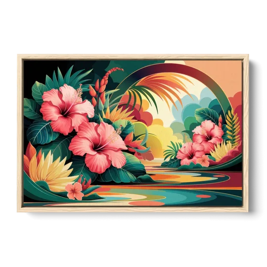 Honolulu Hawaiian Floral Design - Oak Framed Canvas Wall Art - Front