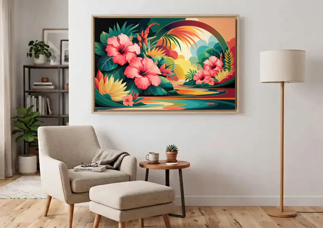 Honolulu Hawaiian Floral Design canvas wall art above an armchair in a bright living room