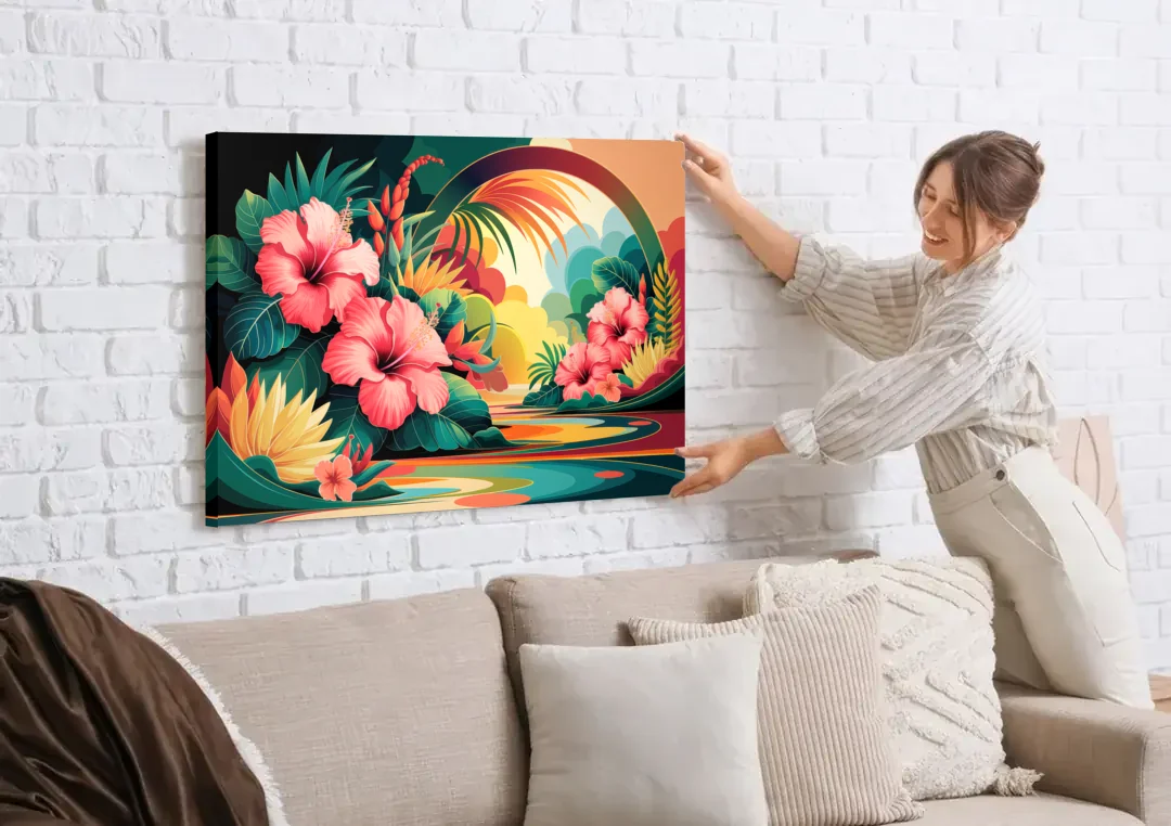 Honolulu Hawaiian Floral Design canvas wall art being hung on a white brick wall above a sofa