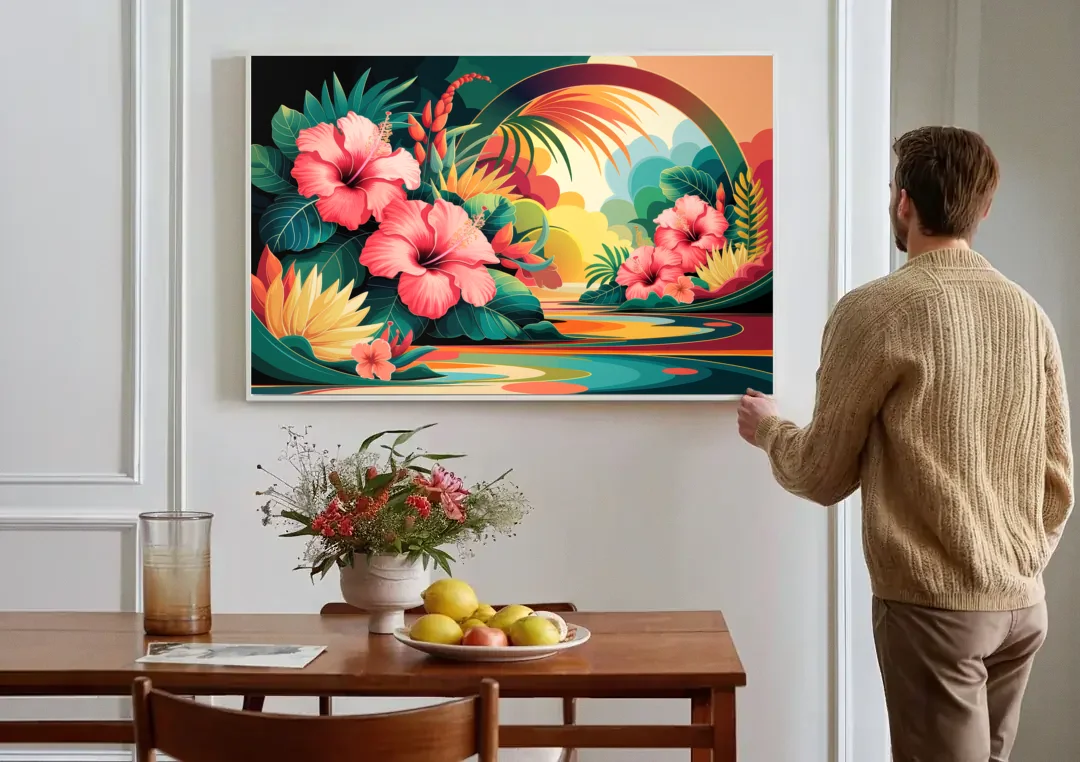 Honolulu Hawaiian Floral Design canvas wall art above a dining table