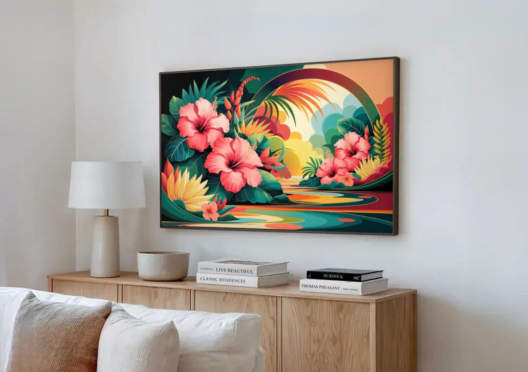 Honolulu Hawaiian Floral Design canvas wall art above a wooden sideboard next to a sofa