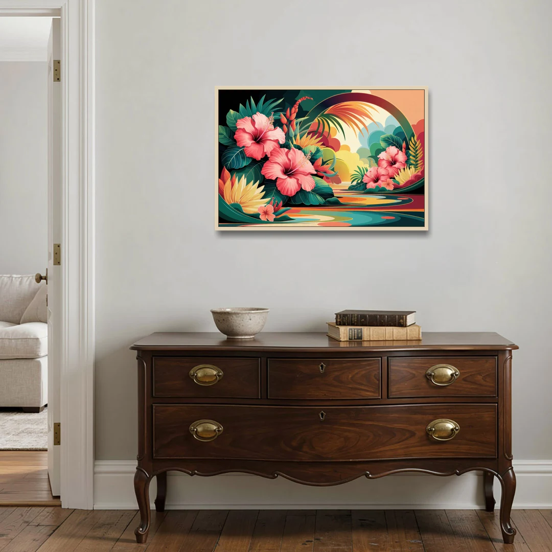 Honolulu Hawaiian Floral Design - Oak Framed Canvas Wall Art - Coffee Table - 36x24