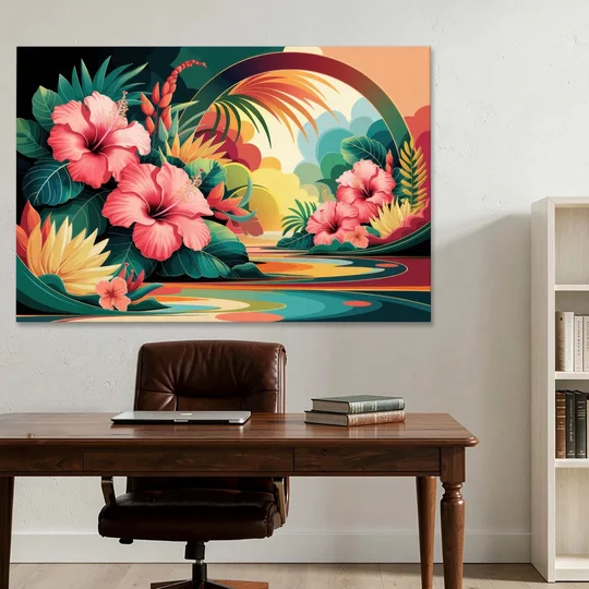 Honolulu Hawaiian Floral Design - Canvas Wall Art - Office - 60x40