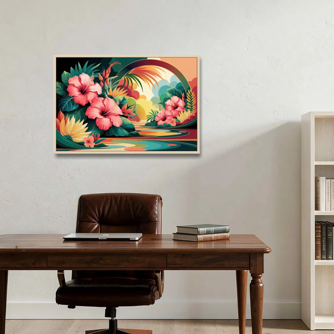 Honolulu Hawaiian Floral Design - Oak Framed Canvas Wall Art - Office - 36x24