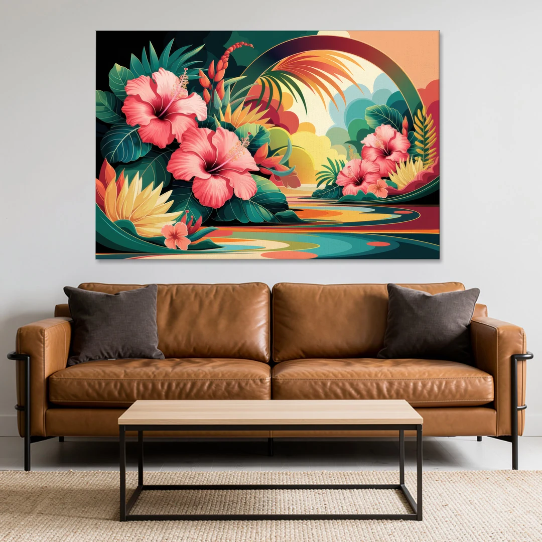 Honolulu Hawaiian Floral Design - Canvas Wall Art - Sofa - 60x40