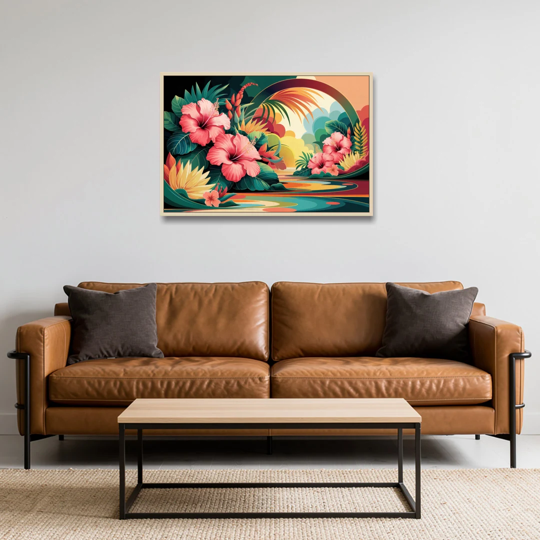 Honolulu Hawaiian Floral Design - Oak Framed Canvas Wall Art - Sofa - 36x24