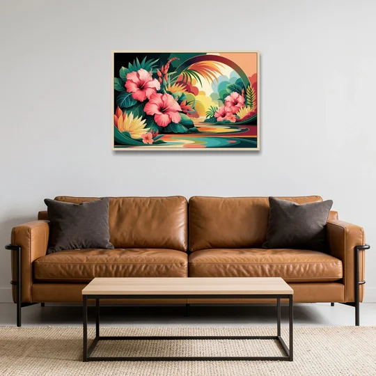 Honolulu Hawaiian Floral Design - Oak Framed Canvas Wall Art - Sofa - 36x24