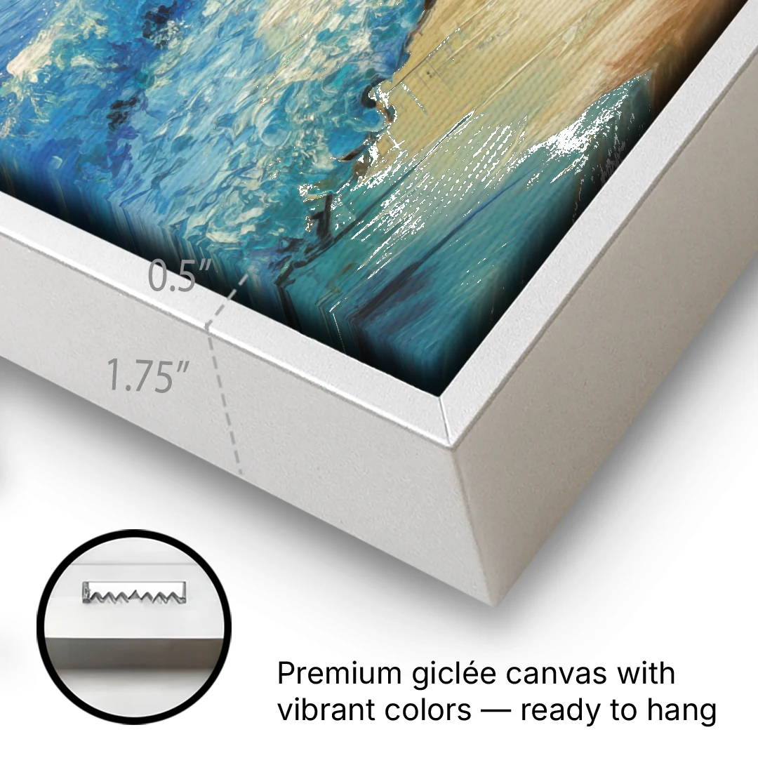 Honolulu Ocean Waves Scene - White Framed Canvas Wall Art - Gallery Wrap Corner