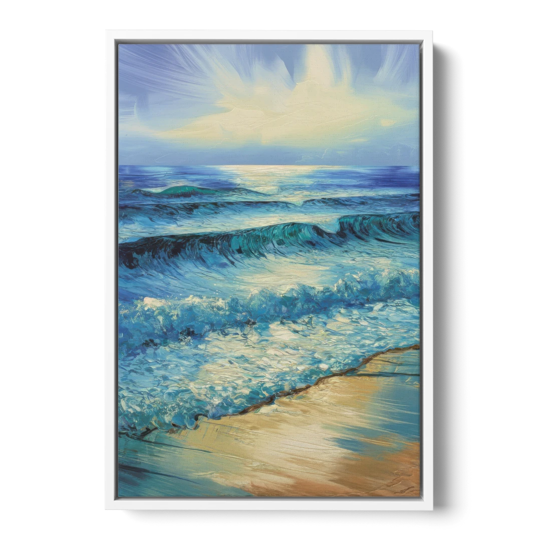 Honolulu Ocean Waves Scene - White Framed Canvas Wall Art - Front