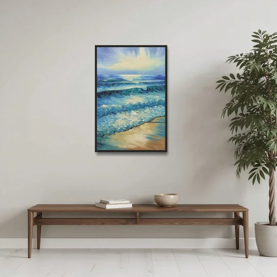 Honolulu Ocean Waves Scene - Black Framed Canvas Wall Art - Coffee Table - 24x36