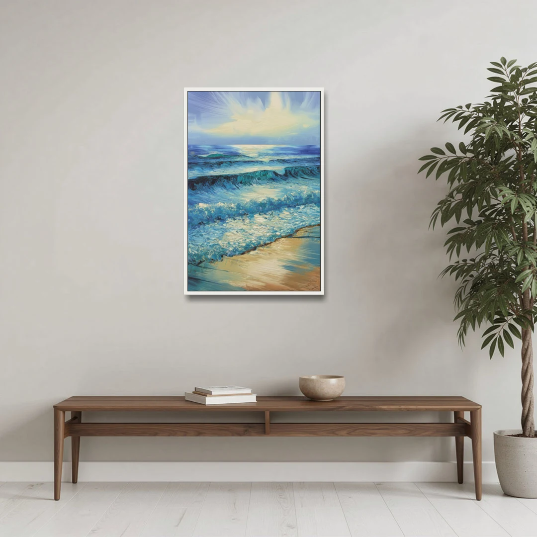 Honolulu Ocean Waves Scene - White Framed Canvas Wall Art - Coffee Table - 24x36