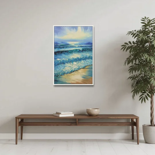 Honolulu Ocean Waves Scene - White Framed Canvas Wall Art - Coffee Table - 24x36