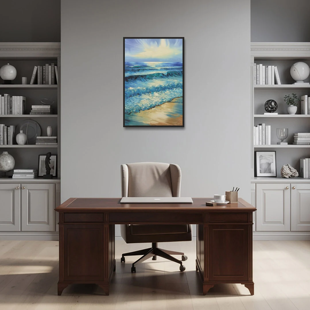 Honolulu Ocean Waves Scene - Black Framed Canvas Wall Art - Office - 24x36