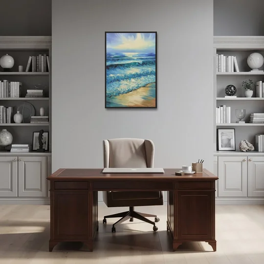 Honolulu Ocean Waves Scene - Black Framed Canvas Wall Art - Office - 24x36