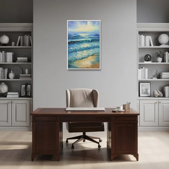 Honolulu Ocean Waves Scene - White Framed Canvas Wall Art - Office - 24x36