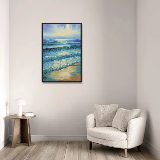 Honolulu Ocean Waves Scene - Black Framed Canvas Wall Art - Sofa - 24x36