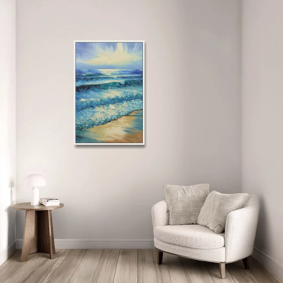 Honolulu Ocean Waves Scene - White Framed Canvas Wall Art - Sofa - 24x36