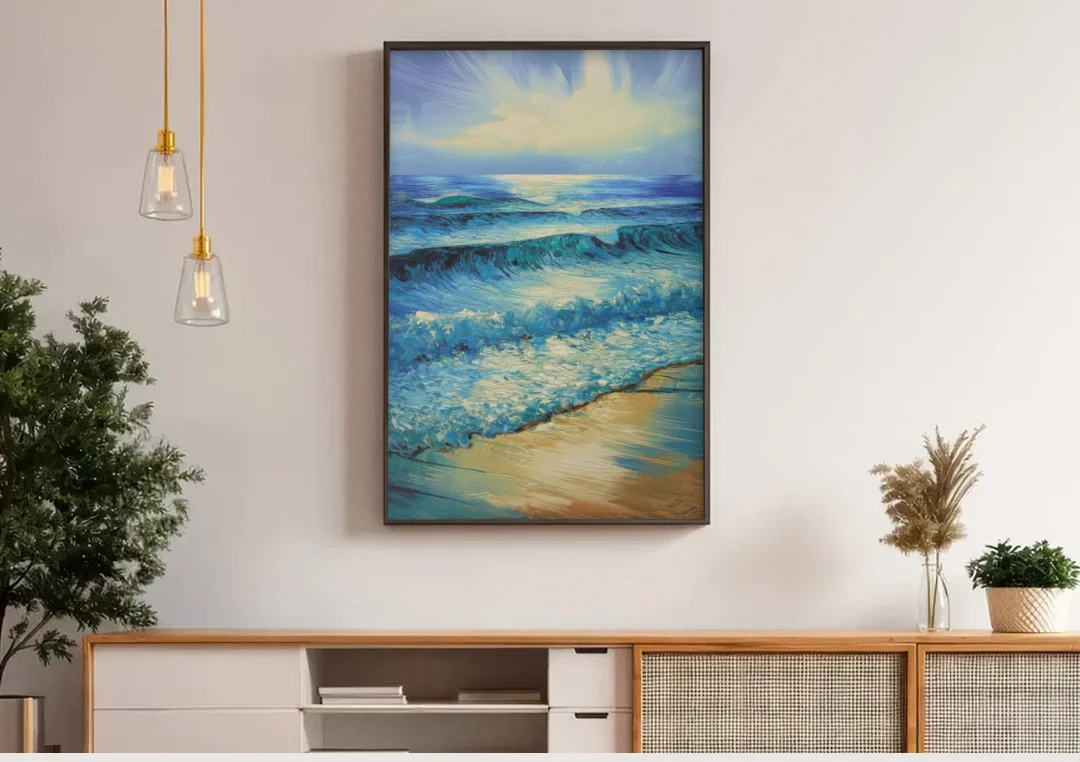 Honolulu Ocean Waves Scene canvas wall art above a wooden sideboard under pendant lights