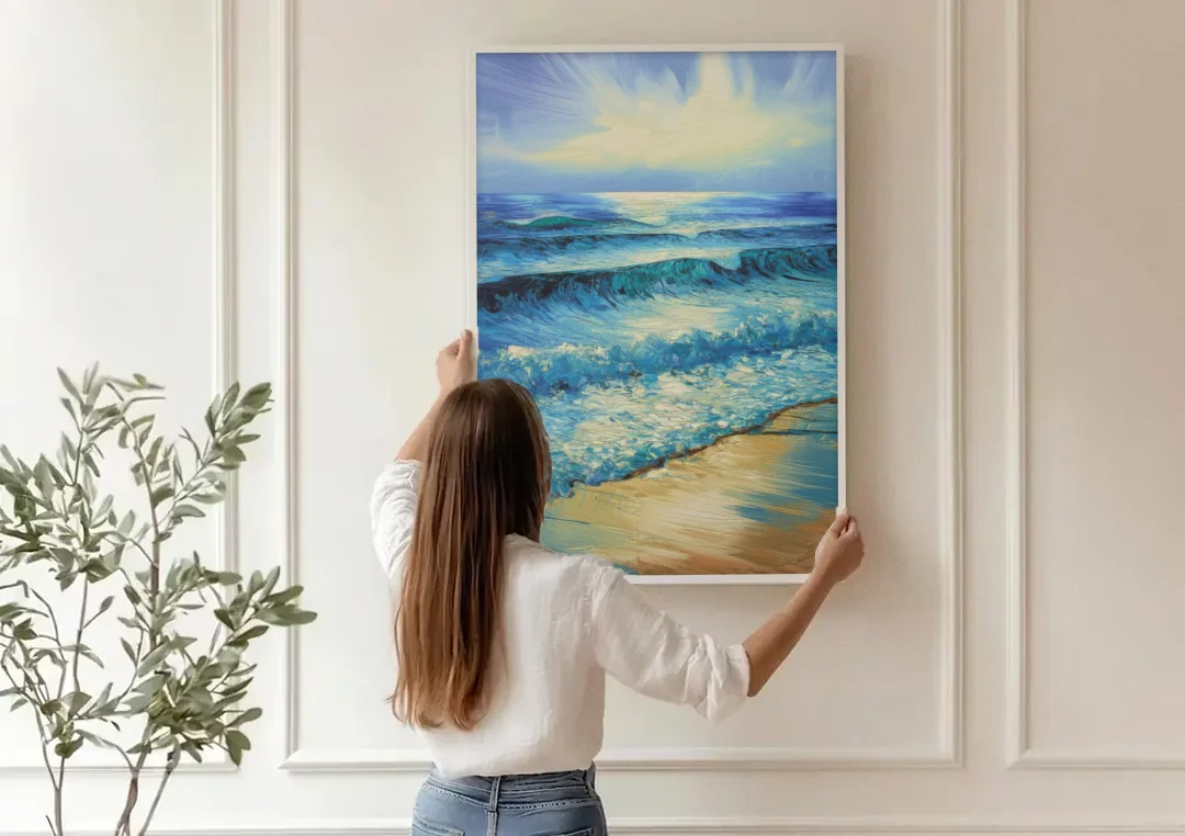 Honolulu Ocean Waves Scene canvas wall art being hung on a paneled wall