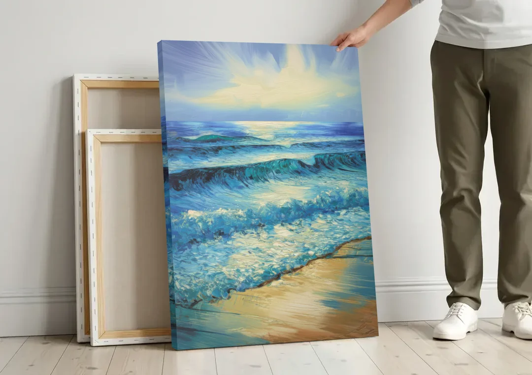 Honolulu Ocean Waves Scene canvas wall art leaning against a wall next to blank canvases