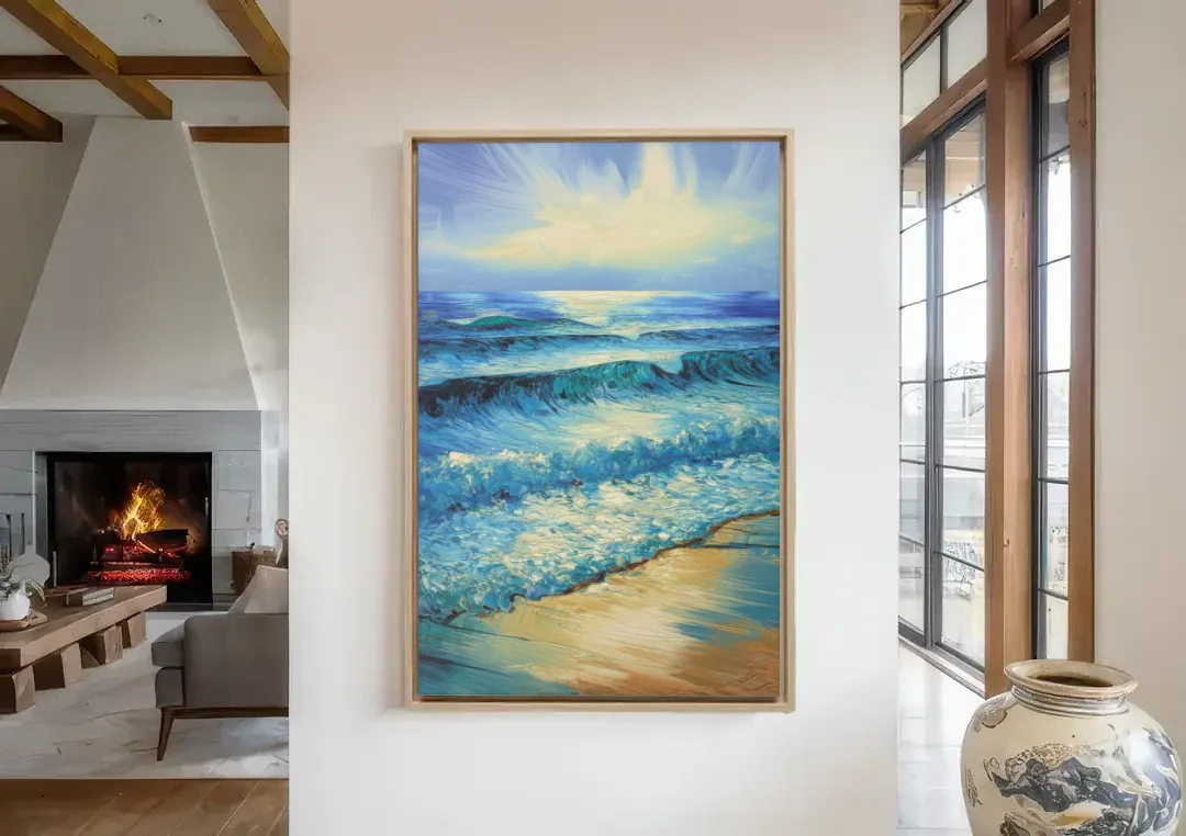 Honolulu Ocean Waves Scene canvas wall art in a living room with a fireplace