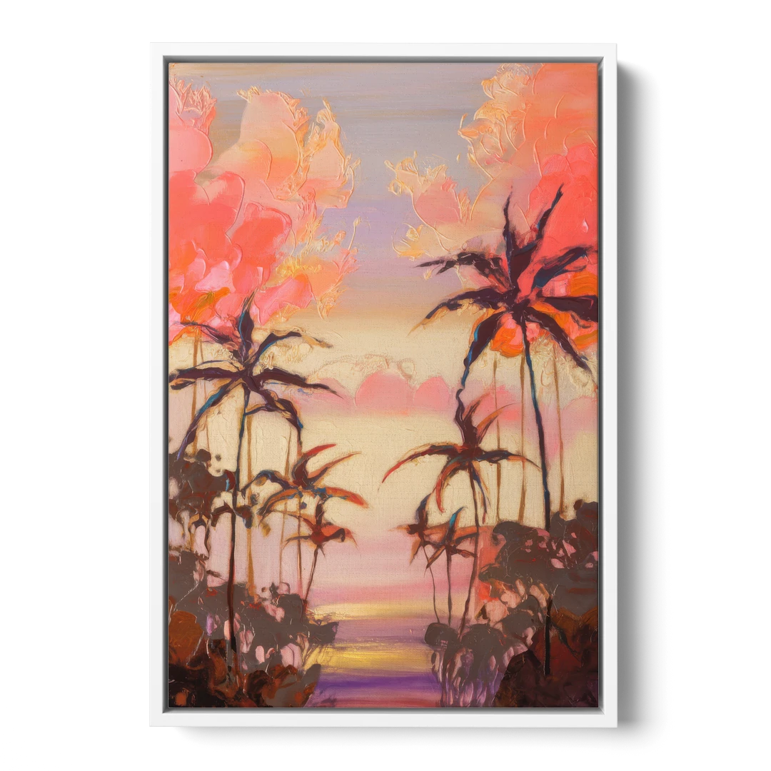 Honolulu Palm Trees Silhouette - White Framed Canvas Wall Art - Front