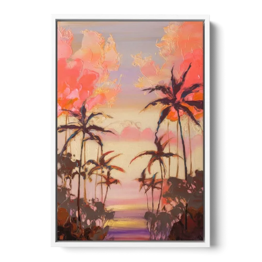 Honolulu Palm Trees Silhouette - White Framed Canvas Wall Art - Front